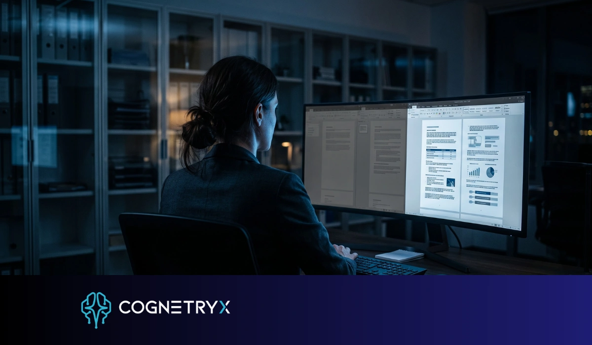 An employee reviewing documents on screen while other files in the same system remain locked